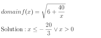 The domain of f(x)=sqrt(6+(40)/x) is x<=-20/3 \lor x>0
